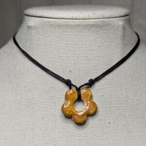 Orange Ceramic Flower Pendant Choker Necklace Handmade Boho Hippie Whimsical Y2K